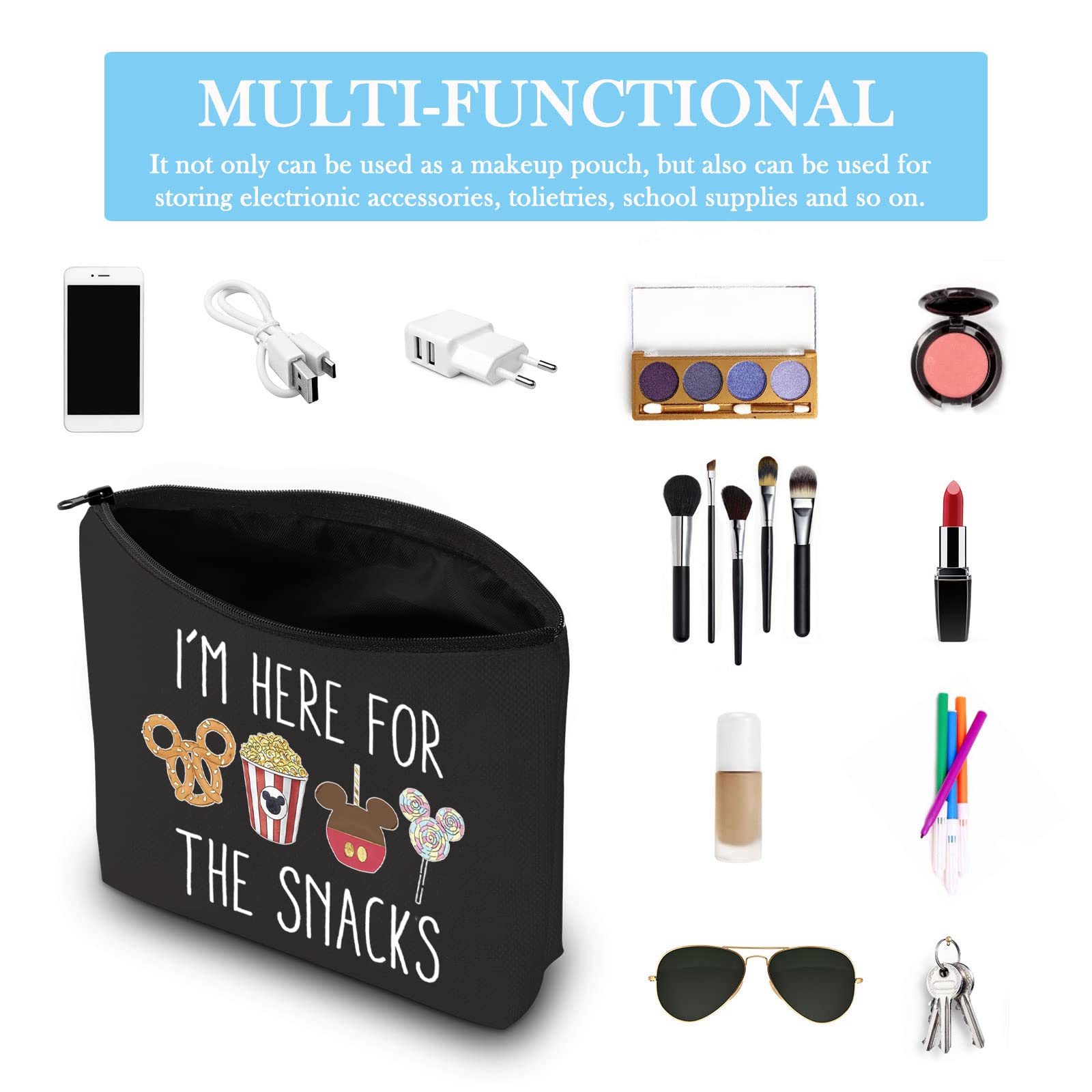 GJTIM Snacks Lover Gift Set - Reusable Travel Snack Pouch & Makeup Bag (Black) | Perfect for Family Vacations, Road Trips & Outdoor Adventures | I'm Here For The Snacks Design