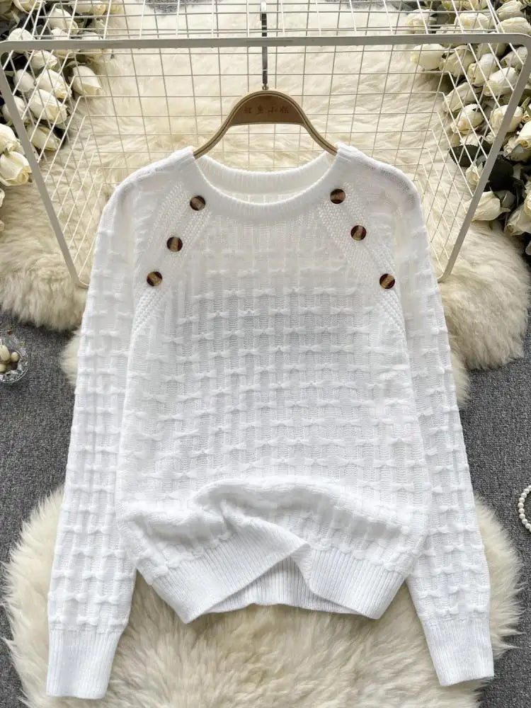 Women's Vintage White Long Sleeve Button-Up Sweater - Cozy Loose Knit Pullover with Bow Detail, Pink O-Neck Top for Fall Winter Fashion | Perfect for Office, Dating & Casual Outfits
