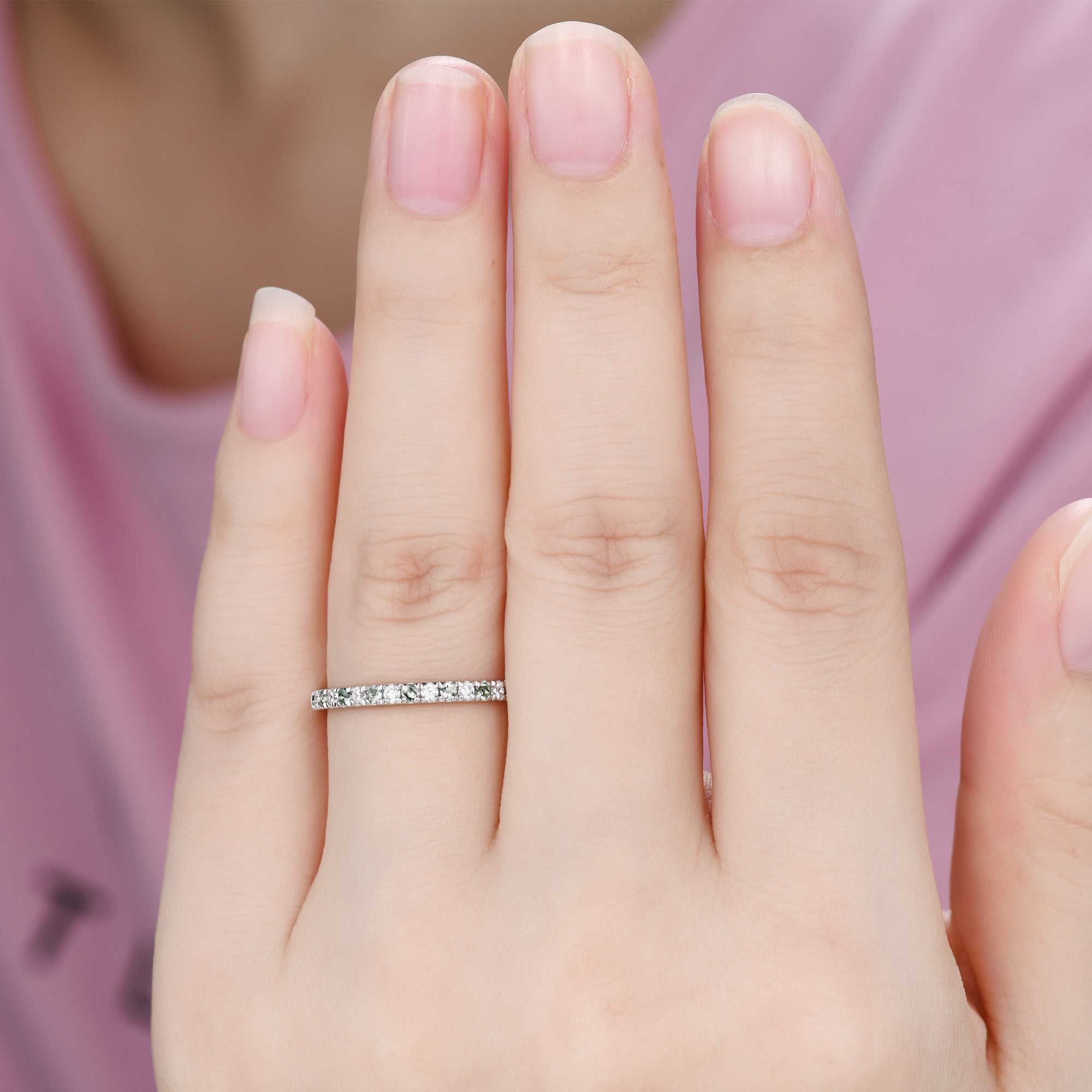 Elegant Moss Agate Wedding Band in White Gold with Moissanite - 2mm Half Eternity Stacking Ring for Women | Perfect for Bridal Jewelry, Anniversary Gifts & Everyday Wear