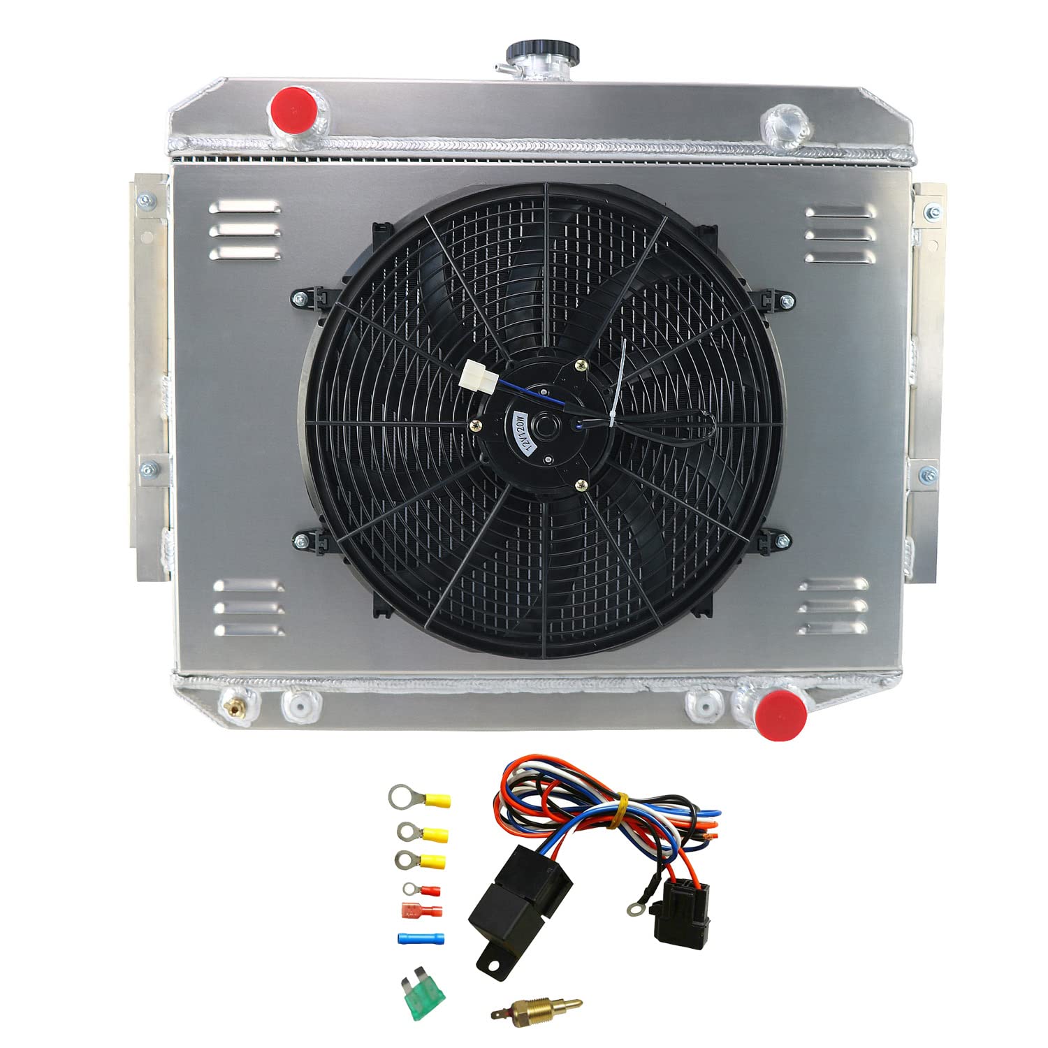 AlloyWorks 4-Row Core Aluminum Radiator with Shroud Fan & Relay Kit for 1971-1979 Dodge D100 D150 D200 D300 D400 5.2L 5.9L V8 - Heavy Duty Cooling Upgrade for Towing & Off-Road Performance