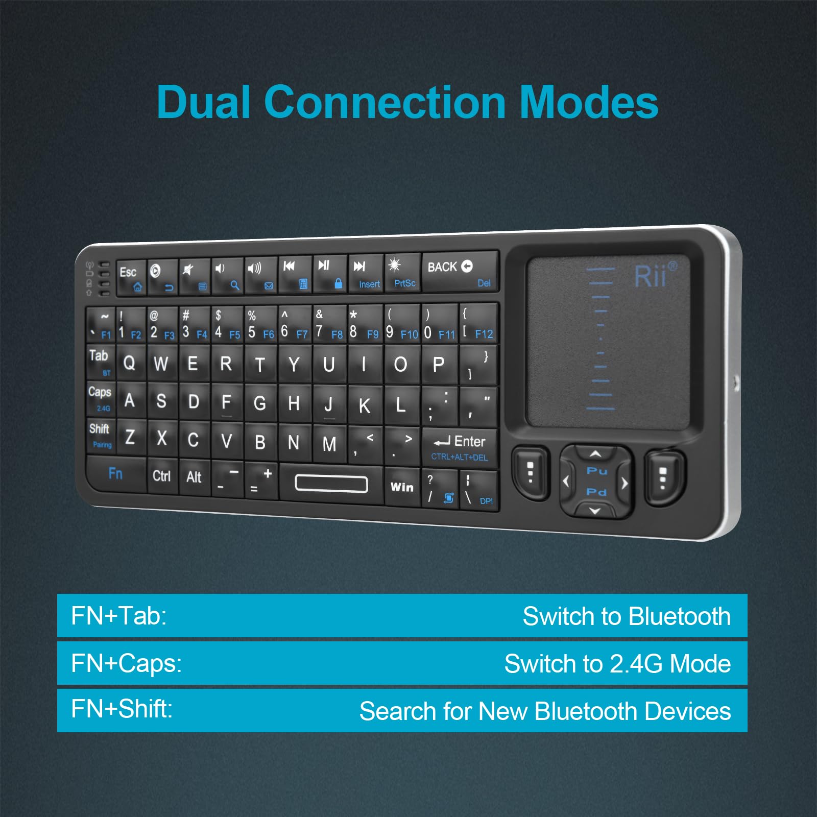 Rii Mini Bluetooth Keyboard K06 - Backlit Wireless Keyboard with IR Learning TV Remote, Portable Touchpad Keyboard for Android TV Box, Projector, Laptop, PC (Windows, Mac, Android) - Perfect for Home Entertainment & Office Work