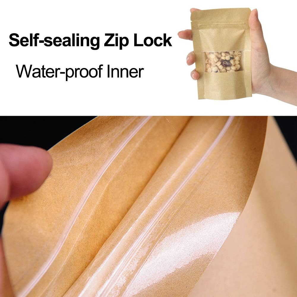 100 Pcs 3.5 x 5.5 Inch Kraft Paper Stand Up Bags with Resealable Zipper & Clear Window - Eco-Friendly Snack Packaging Bags for Candy, Nuts, Cookies, Party Favors & Retail Display