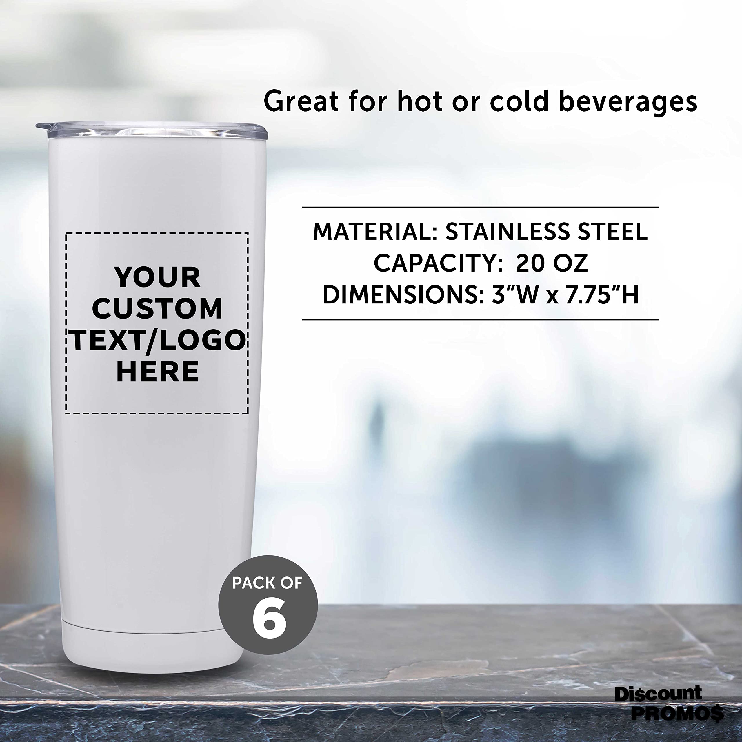 Custom Stainless Steel Coffee Tumblers 20 oz (Set of 6) - Double Wall Insulated Personalized Bulk Pack - Keeps Hot & Cold Beverages Perfect - Ideal for Coffee, Tea, Hot Cocoa, Office, Travel & Gifts - White