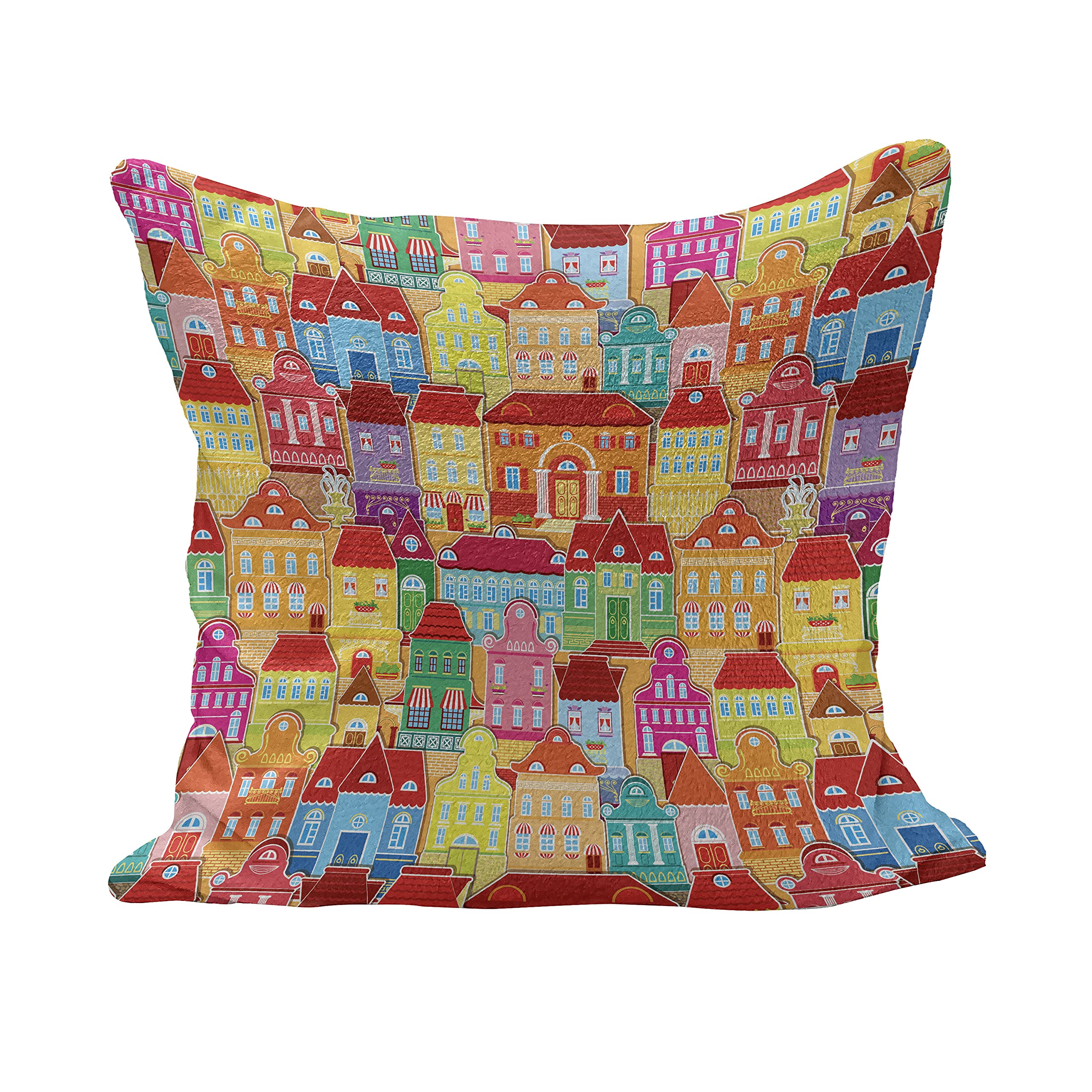 Ambesonne Cityscape Cartoon Fluffy Throw Pillow Cover 24x24 Inch - European Architecture Art with Pillars & Fountains - Multicolor Decorative Square Accent Pillow Case for Living Room, Bedroom, Sofa Decor