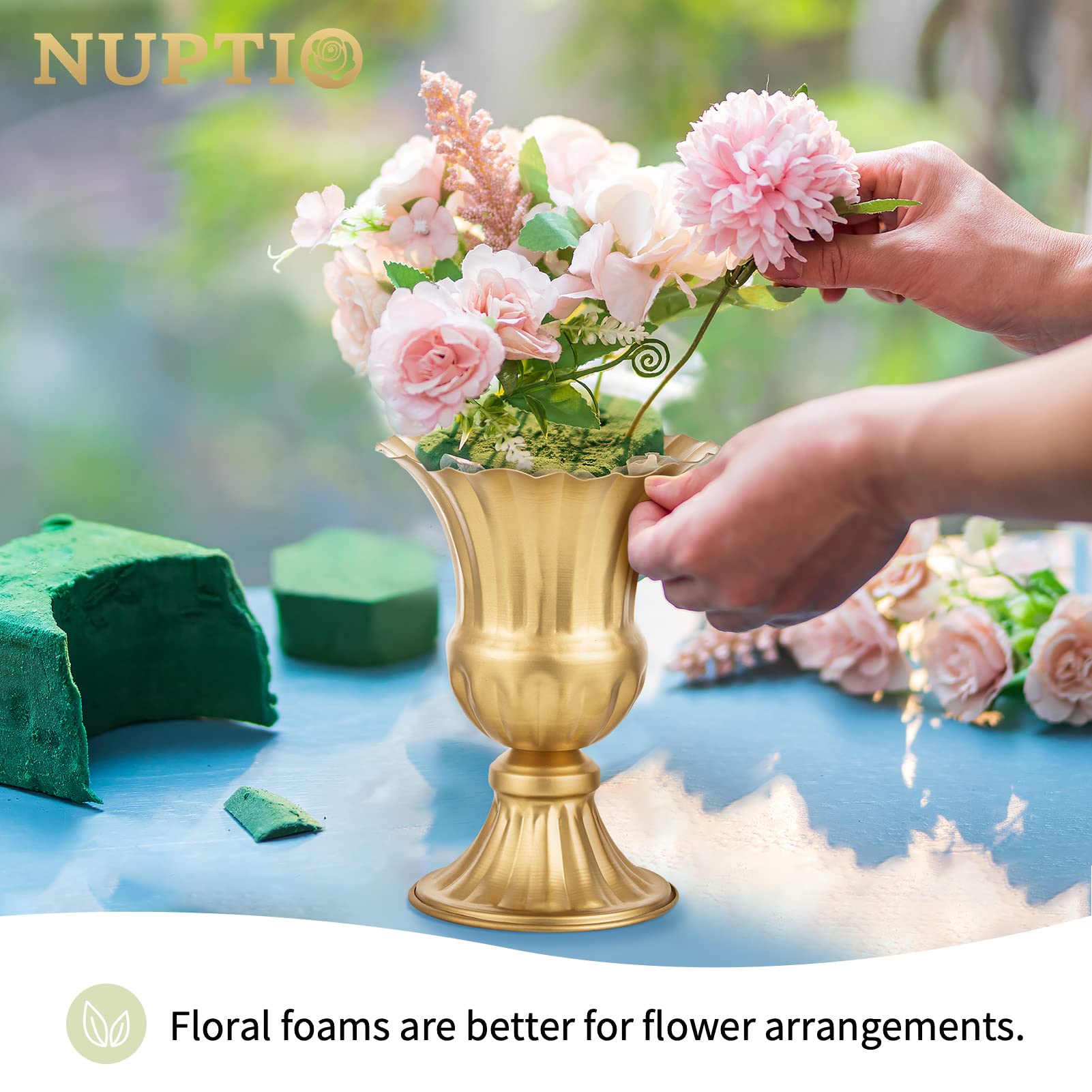 Elegant Gold Metal Urn Vases for Wedding Centerpieces - Set of 2 (9 Inch Height) - Trumpet Style Table Decor for Weddings, Parties & Home Decor - Perfect for Reception Tables, Banquets and Special Events