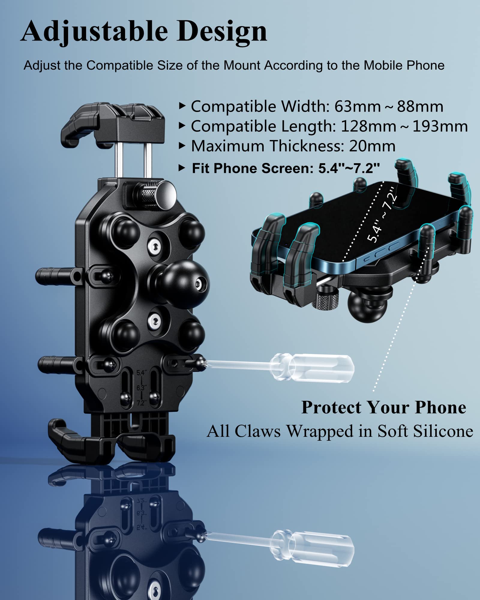 BRCOVAN Heavy Duty UTV Phone Mount with Vibration Dampener - Adjustable Anti-Theft Phone Holder for 1.5'' to 2'' Roll Cage Bars, Fits 5.4''-7.2'' Smartphones - Secure Lock for Off-Road, ATV, Motorcycle & Truck Use