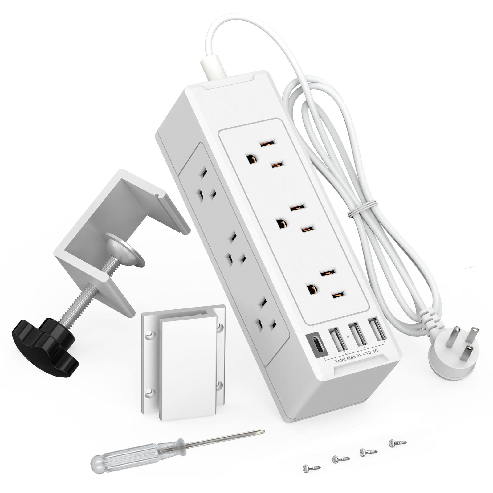 9-Outlet Desk Clamp Power Strip with USB-C & 4 USB Ports | Wide-Spaced Charging Station for Home Office & Travel | White | Perfect for Workstations, Dorms & Coffee Shops