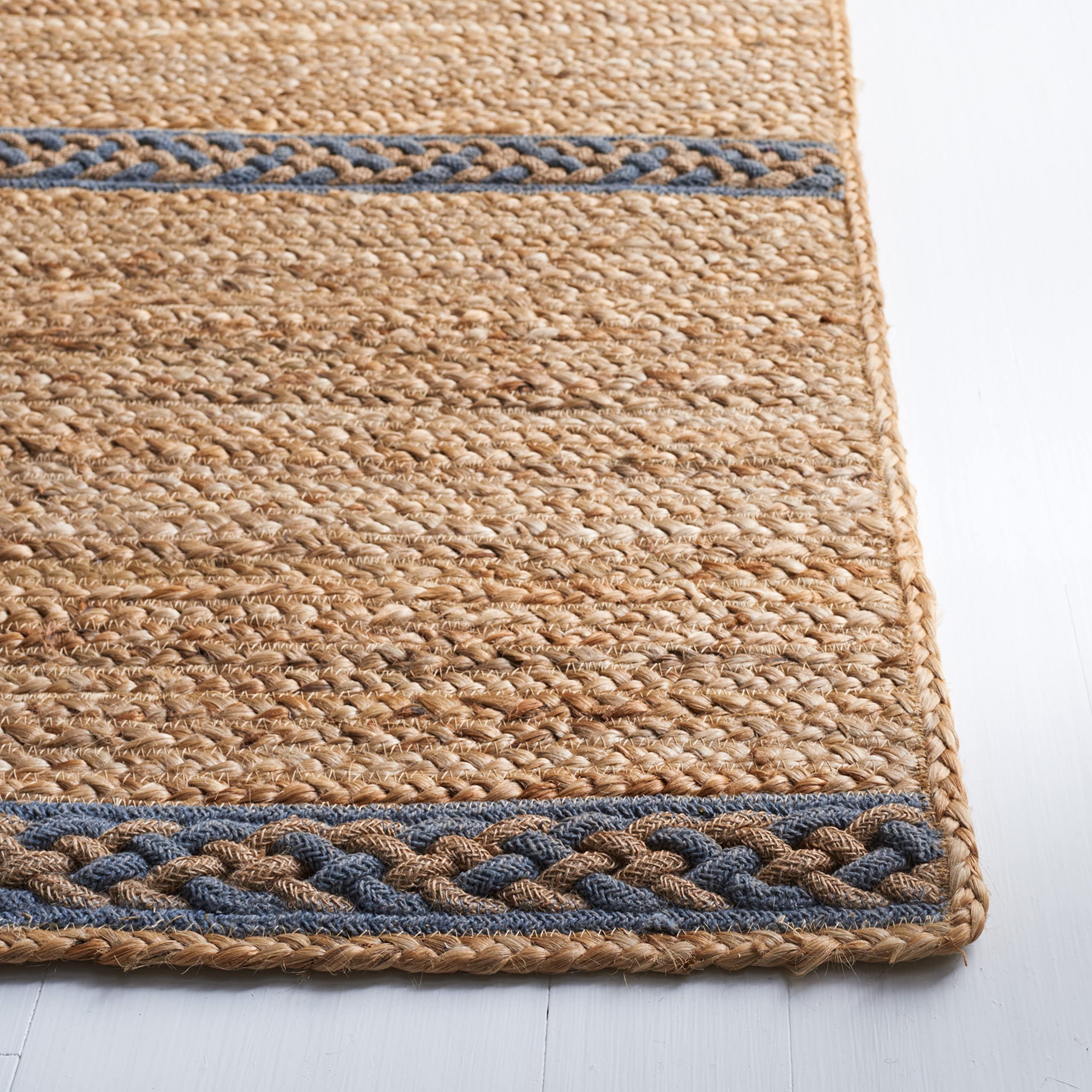 SAFAVIEH Handmade Braided Jute Area Rug 6'x6' Square - Natural & Grey Boho Farmhouse Stripe Design | Natural Fiber Collection NFB262F | Perfect for Living Room, Bedroom, or Boho Chic Home Decor