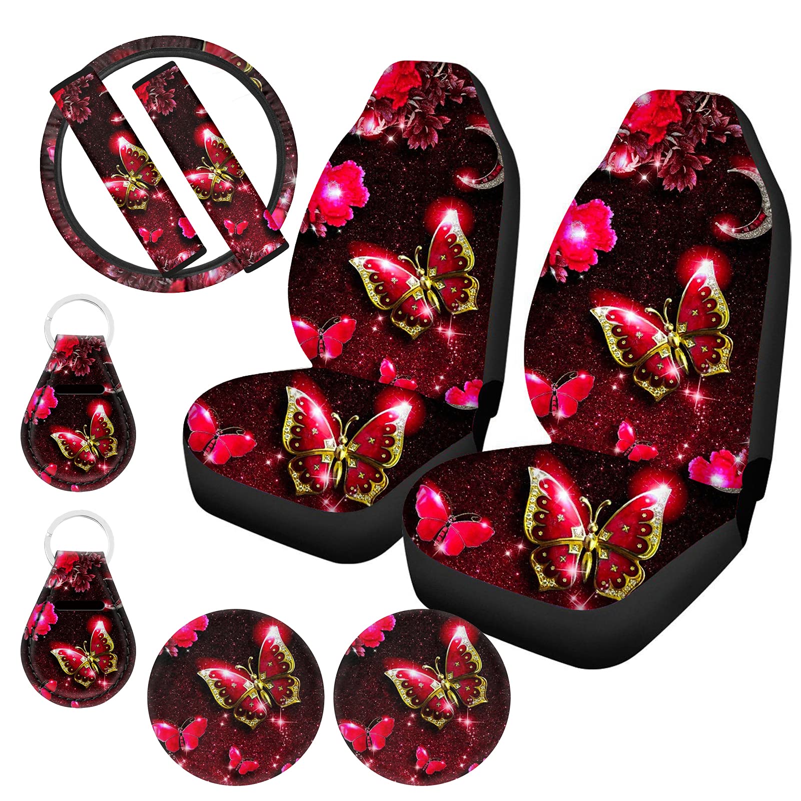 WELLFLYHOM Butterfly Car Seat Covers Full Set - Galaxy Floral Red Bucket Seat Covers, Steering Wheel Cover, Seat Belt Pads, Cup Holder Coasters & Keychains (9-Piece Set) | Stylish Car Accessories for Women | Perfect for Daily Commute & Road Trips