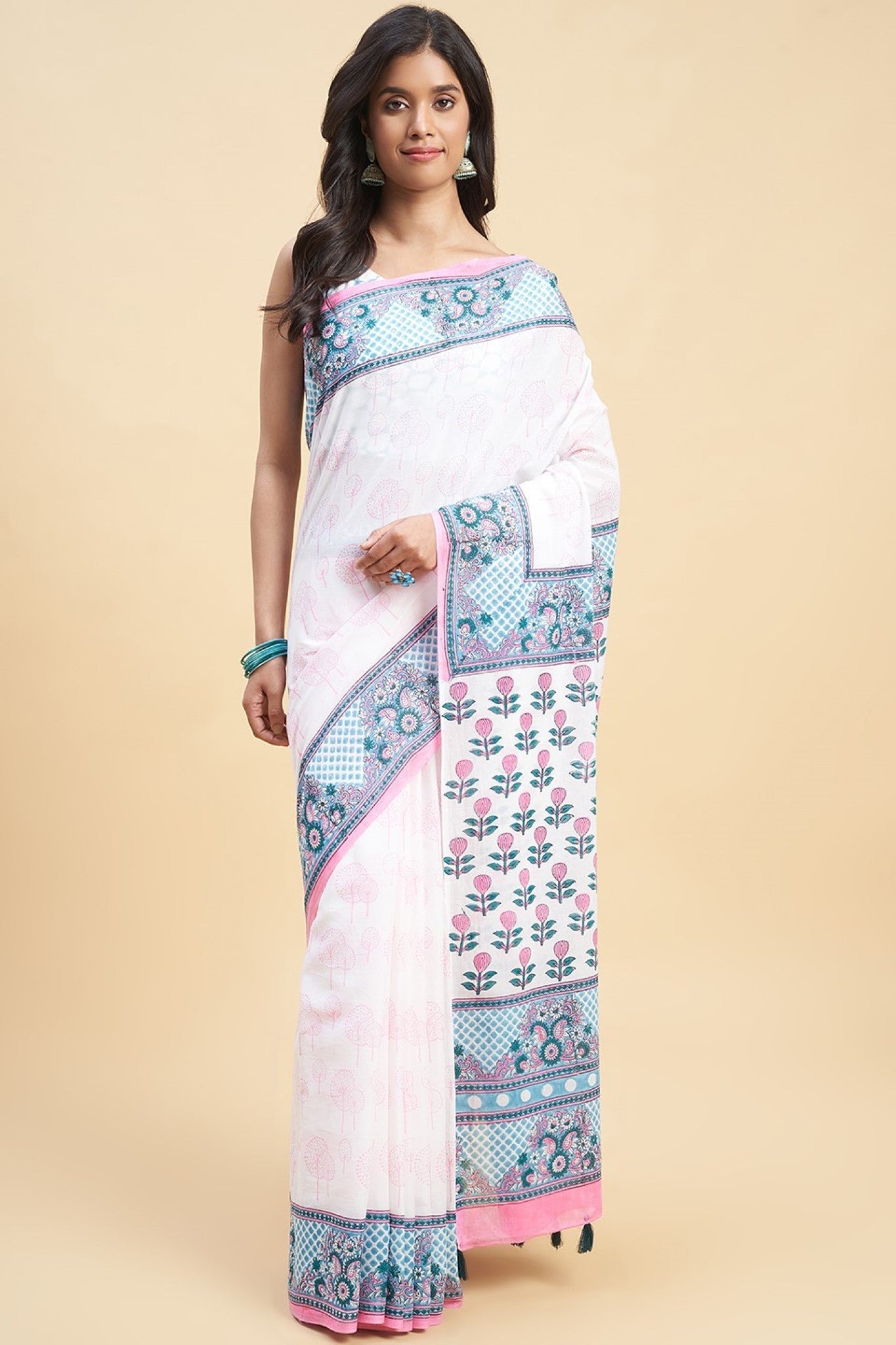 Handblock Printed Cherry Blossom Cotton Saree - Traditional Indian Saree for Women, Perfect for Weddings, Festivals & Special Occasions