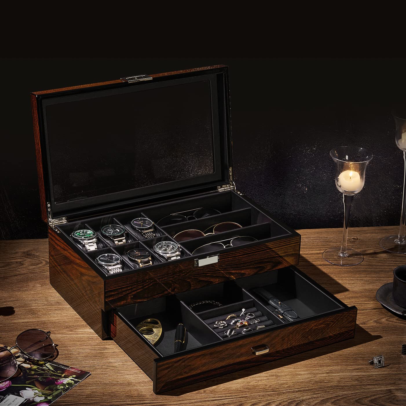 BEWISHOME Wooden Watch Box with Valet Drawer - Luxury Men's Jewelry Organizer & Sunglasses Storage Case - Large Glass Top Display, Smooth Faux Leather Interior, Brown SSH32Y - Perfect for Watch Collections, Gift Giving & Travel Accessories Organization
