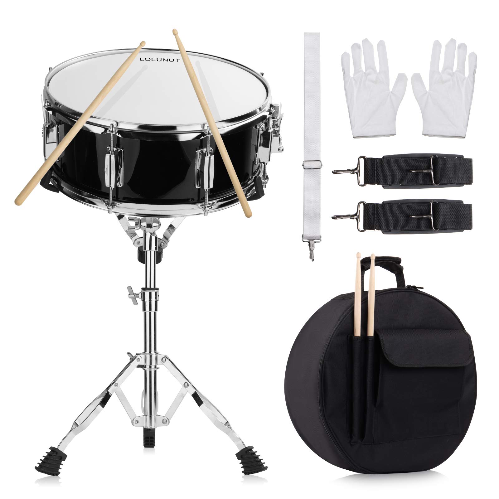 14 Inch Black Snare Drum Set with Gig Bag, Drum Stand, Sticks, Keys & Practice Gloves - Perfect for Students & Beginners | Ideal for School Bands, Home Practice & Music Lessons (14