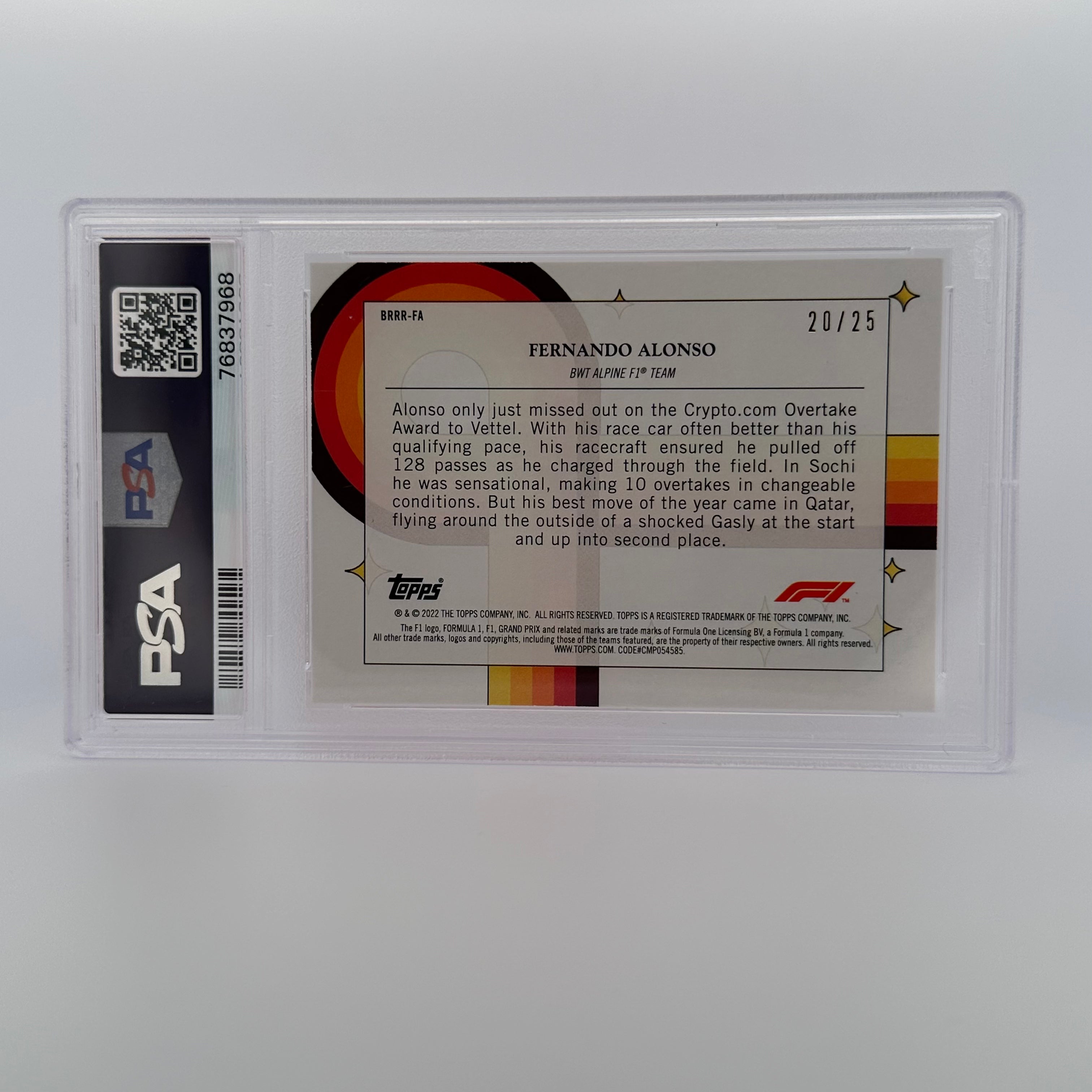 PSA 9 Graded 20/25 Fernando Alonso #BRRRFA Bounce Rock Race Roll Orange - Rare Collectible Trading Card for Racing Fans & Sports Memorabilia Collectors