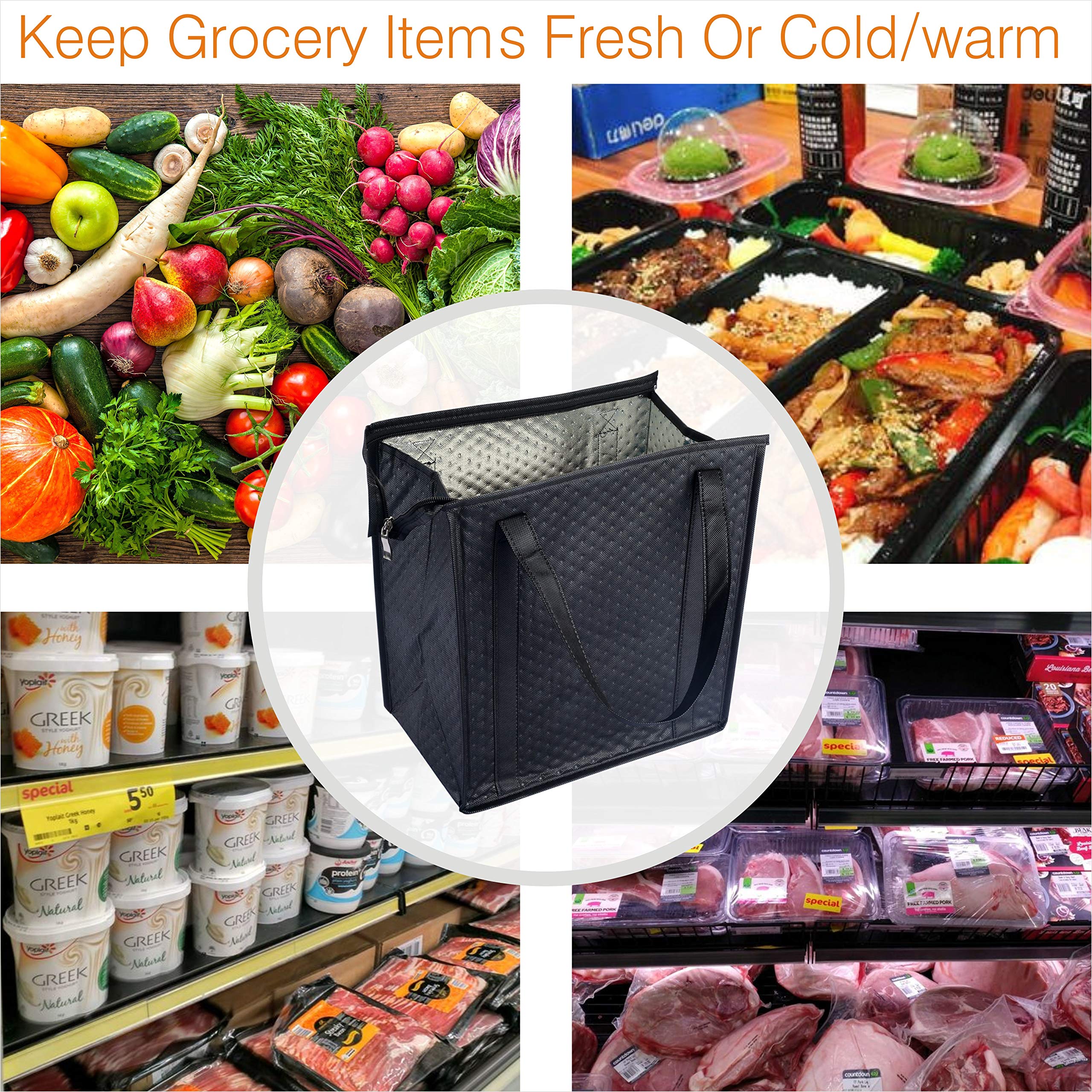 2PCS Insulated Refrigerator Grocery Bags with Zipper - Leakproof Cooler Bags for Food Storage (Black & Blue) - Perfect for Picnics, Camping & Grocery Shopping