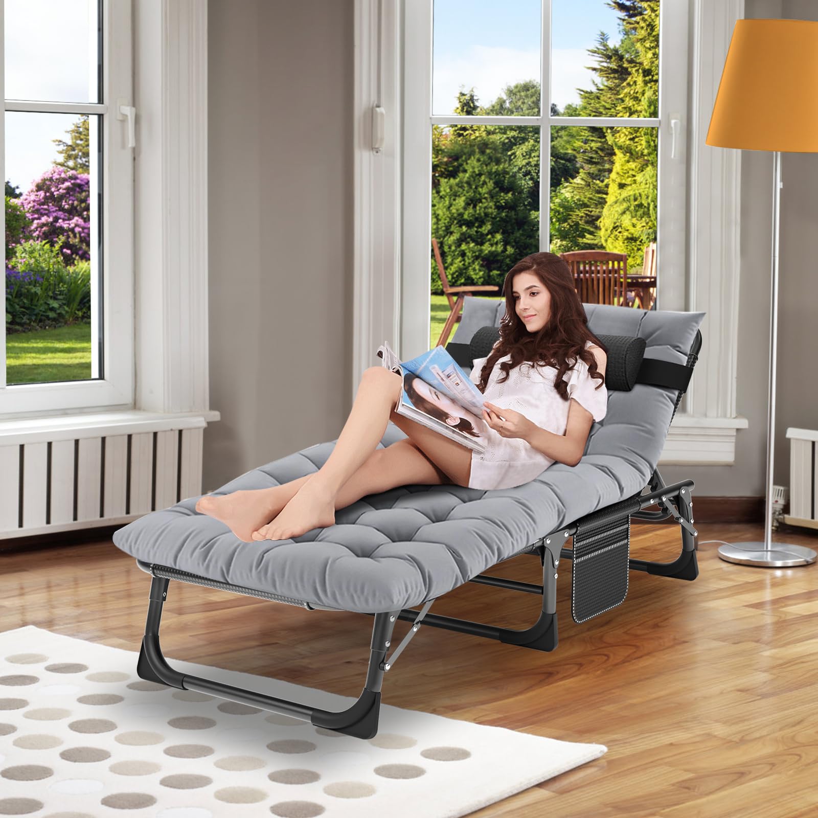 ABORON 5-Position Adjustable Folding Camping Cot for Adults - Portable Outdoor Sleeping Cot with Pillow, Reclining Lounge Chair for Beach, Pool, Lawn, Backyard & Camping - Perfect for Sunbathing, Relaxing & Travel