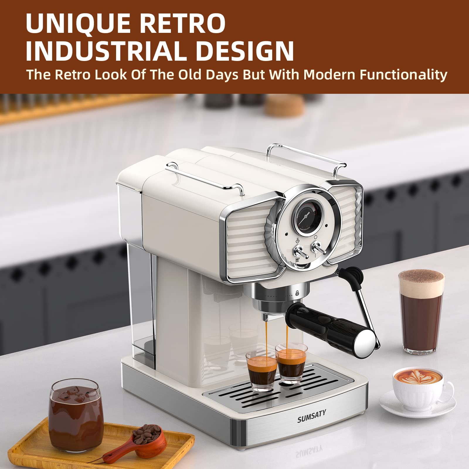 Professional 20 Bar Espresso Machine with Milk Frother Steamer Wand - 1.8L Removable Water Tank - Retro Off-White Coffee Maker for Home - Perfect for Making Espresso, Cappuccino & Latte - Ideal for Kitchen, Office or Small Coffee Shop Use