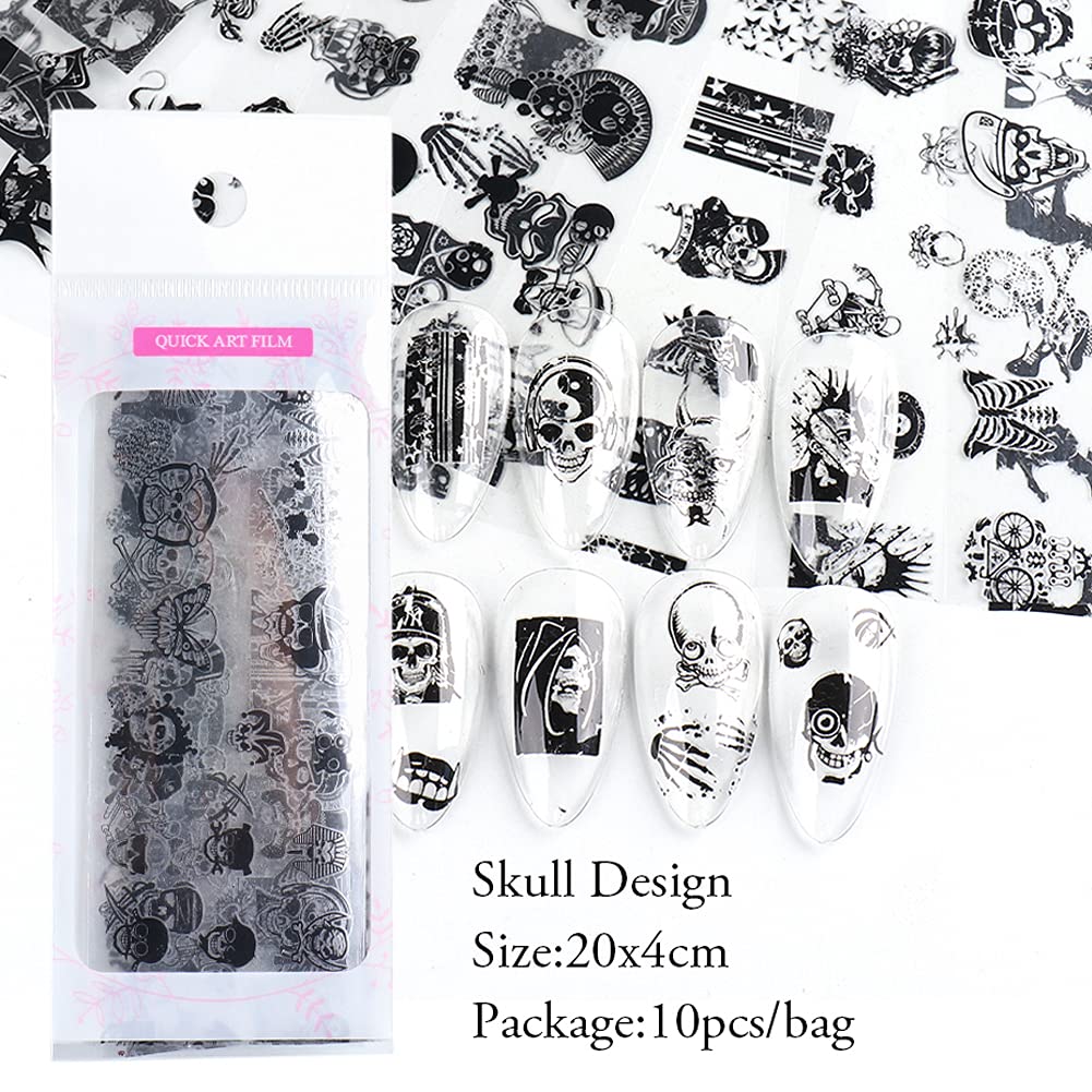 Skull Nail Foils Transfer Stickers - 10PCS Holographic Starry Sky Retro Black Pirate Skeleton Nail Art Decals for Halloween Christmas Party Nail Designs - Perfect for DIY Manicures, Salon Nail Art, and Themed Costume Parties