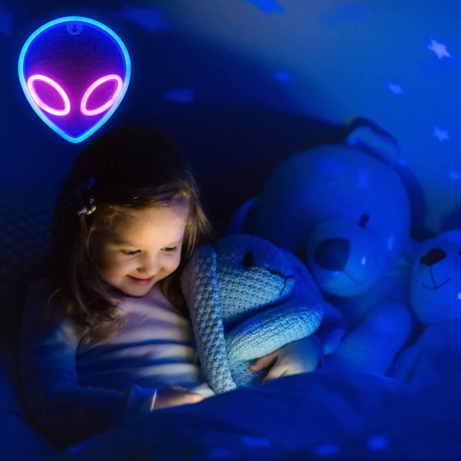 Alien Neon Wall Sign - USB/Battery Powered LED Neon Light with On/Off Switch - Pink & Blue Glow for Home Decor, Kids Room, Children's Day Gift - Perfect for Bedroom, Game Room, and Party Decoration