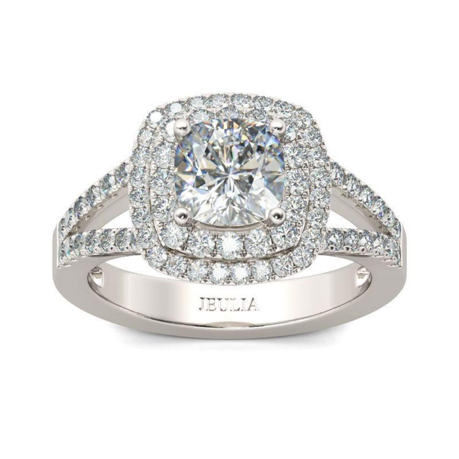 Jeulia 925 Sterling Silver Women's Diamond Band Ring - Halo Split Shank Cushion Cut Wedding Engagement Ring Set for Anniversary, Promise & Bridal Jewelry | Perfect for Proposals, Vow Renewals & Special Occasions