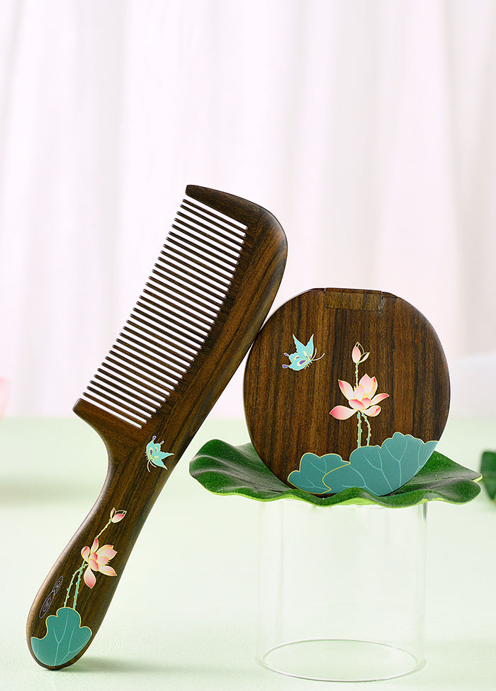 Premium Wooden Comb and Mirror Set - Handcrafted Butterfly & Lotus Design - Natural Hair Care & Styling - Perfect Gift for Women, Bridal Shower, Birthday, Spa Day