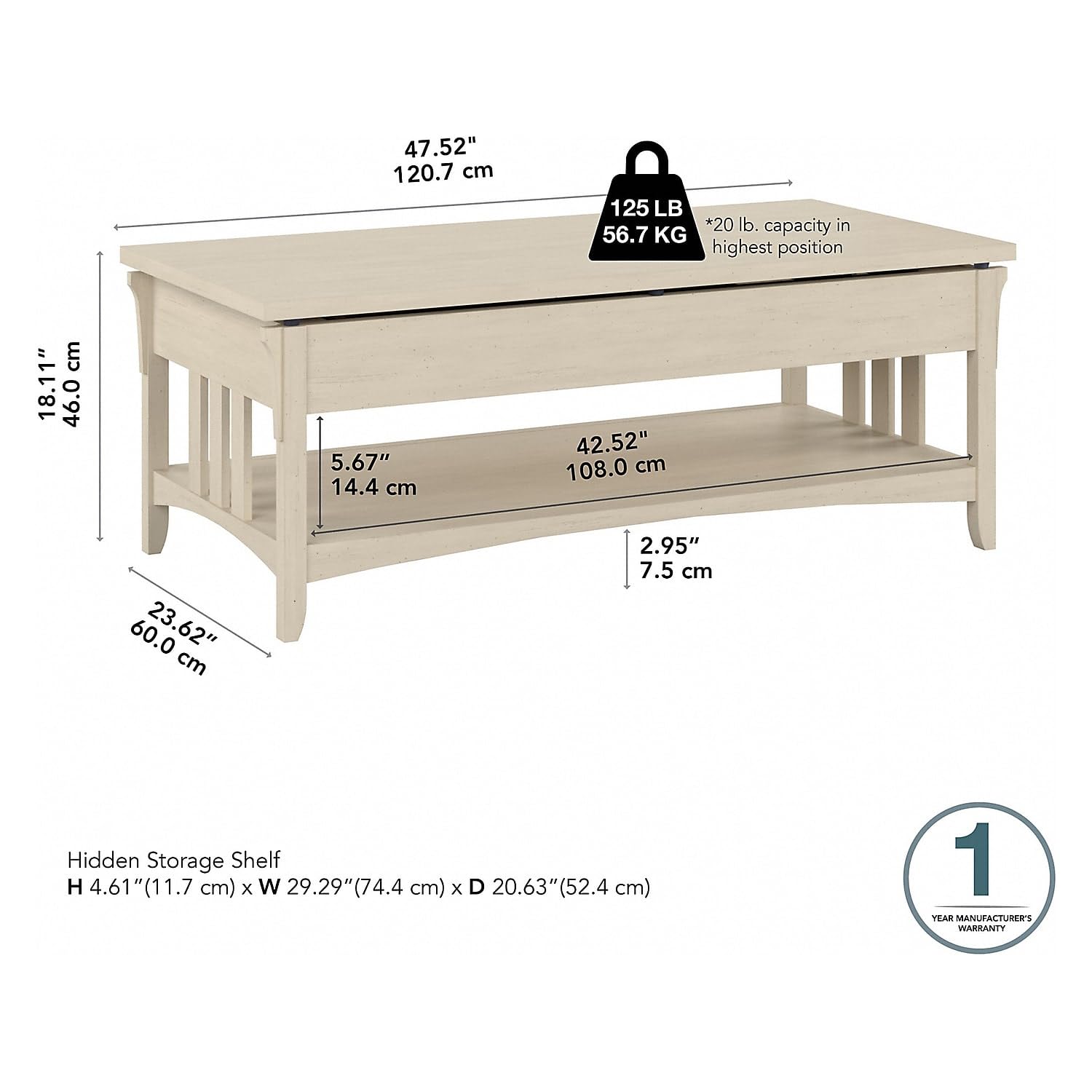 Bush Furniture Salinas Lift Top Coffee Table Desk with Storage in Antique White - Convertible Home Office Desk & Living Room Coffee Table with Hidden Storage Compartments