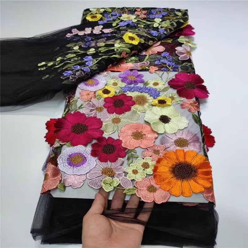3D Sunflower Embroidery Black Mesh Lace Fabric by Yard - DIY Craft Material for Wedding Veils, Dresses, Home Decor (1 Yard, Black) | Perfect for Bridal Accessories, Costume Design & Scrapbooking Projects
