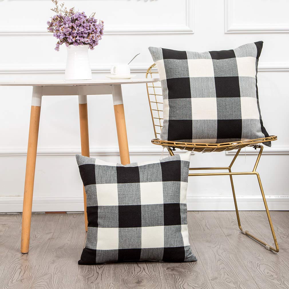 2 Pack Farmhouse Christmas Pillow Covers 20x20 Inch - Black & White Buffalo Check Plaid Fall Throw Pillow Covers - Linen Cushion Covers for Sofa, Couch, Outdoor & Camping - Cozy Holiday Home Decor & Seasonal Living Room Accents