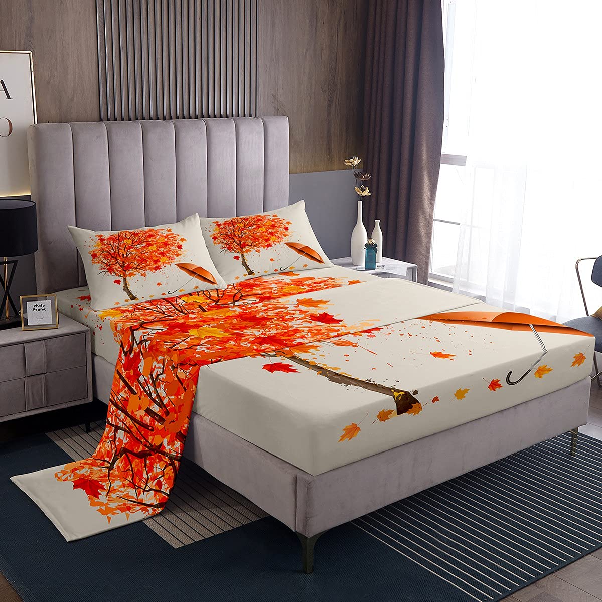 Feelyou Autumn Maple Leaf Bed Sheet Set - 2Pcs Twin Size Soft Retro Bedding for Girls, Teens & Women - Cozy Kids Room Decor with Chic Umbrella & Tree Branch Design (Orange) - Perfect for Fall Season & Cozy Bedroom Makeovers