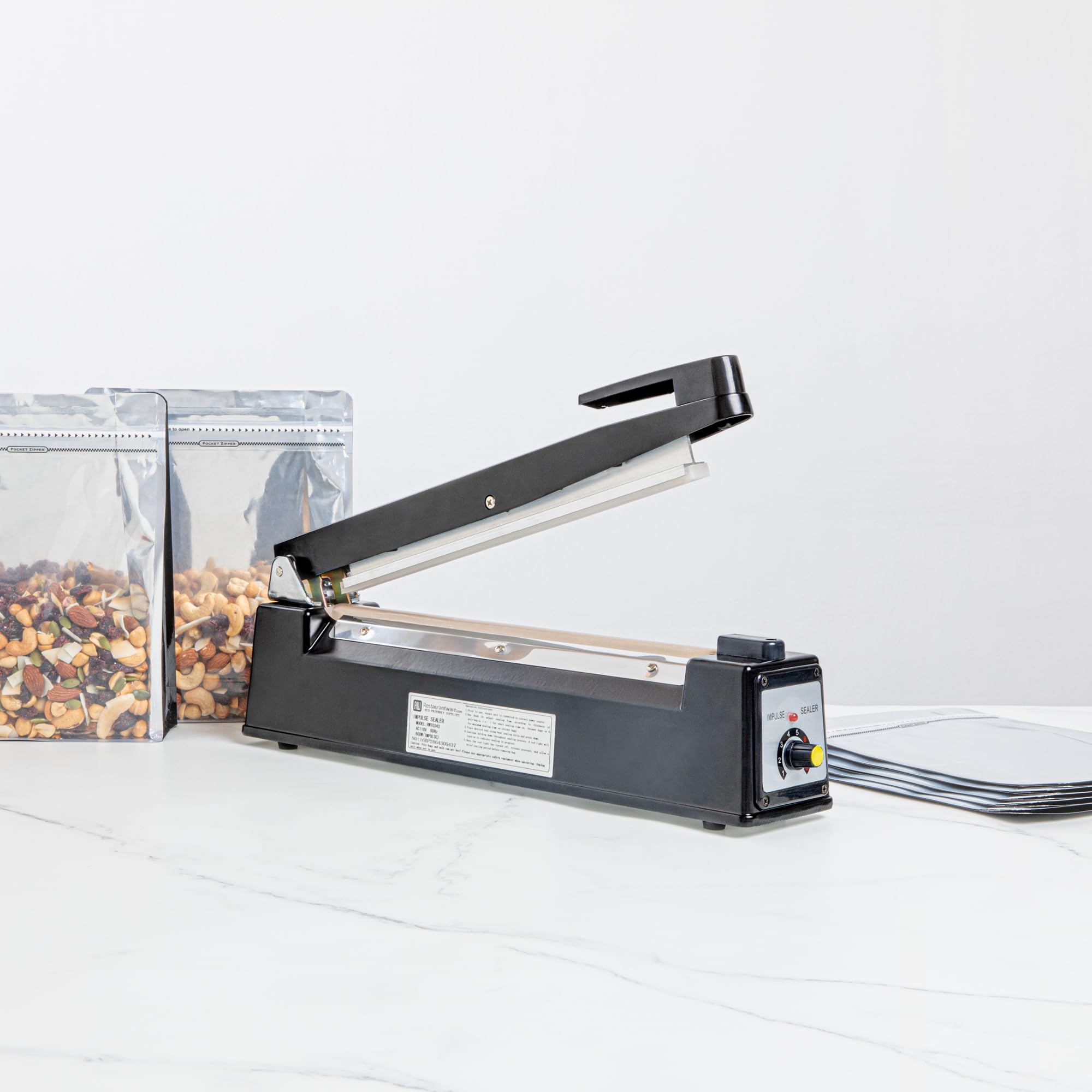 Restaurantware 12 Inch Manual Heat Sealer Machine - Industrial Grade Food Safe Impulse Sealer with Adjustable Temperature Control, Portable Black Aluminum Sealing Equipment for Food Packaging, Vacuum Sealing & Meal Prep