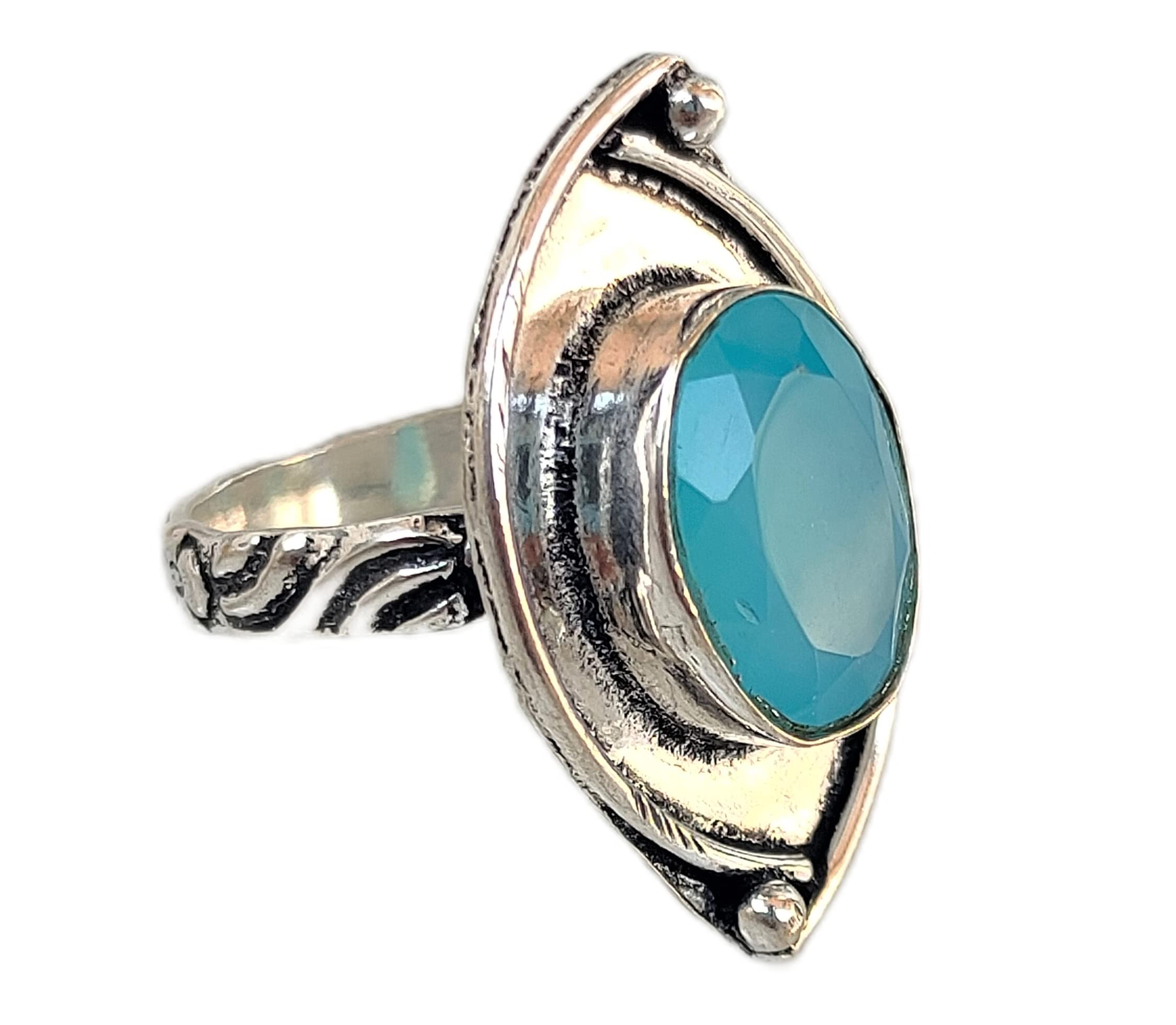 Blue Chalcedony Ring - Oval Faceted Stone Designer Band for Wedding, Promise & Unisex Jewelry | Unique Handcrafted Gemstone Ring for Everyday Wear & Special Occasions