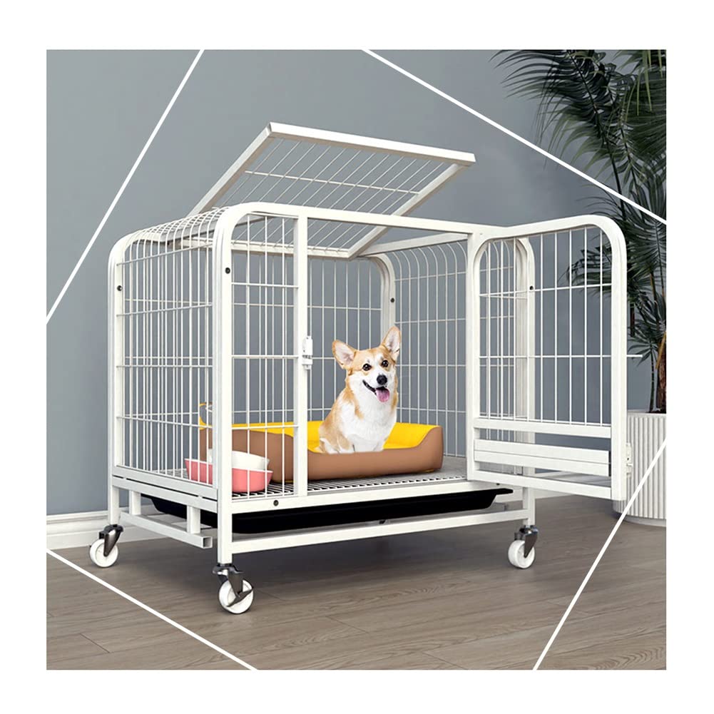 Heavy Duty Dog Crate - Extra Large Metal Dog Cage with Double Doors & Lockable Wheels for Large Breeds | Durable Pet Kennel & Playpen (61x45x58cm, White) - Perfect for Home, Travel & Vet Visits