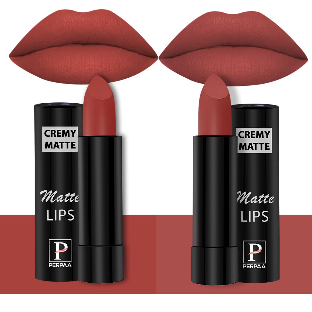 PERPAA Creamy Matte Lipstick - Long Lasting, Smudge Proof, One Swipe Application - 3.5g Each - Set of 2 (Red Bloom, Rust Orange) - Perfect for Everyday Wear, Date Night & Special Occasions