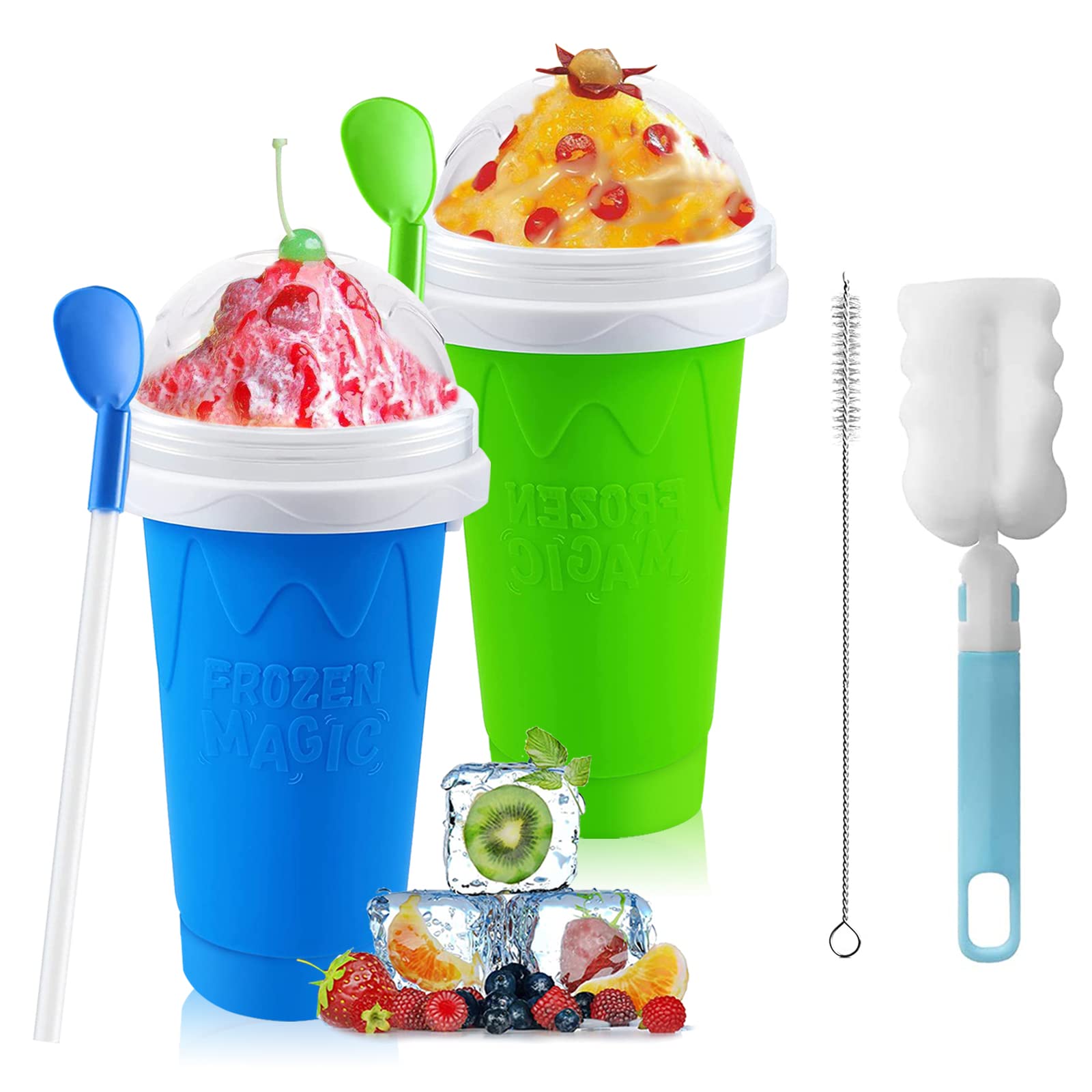 QwayHome 2PC Slushie Maker Cup - DIY Frozen Magic Slushy Cup with Double Layer Silica Gel, Quick Cooling Smoothie & Ice Cream Maker for Homemade Milk Shakes (Blue+Green) - Perfect for Summer Parties, Kids Treats & Backyard BBQs