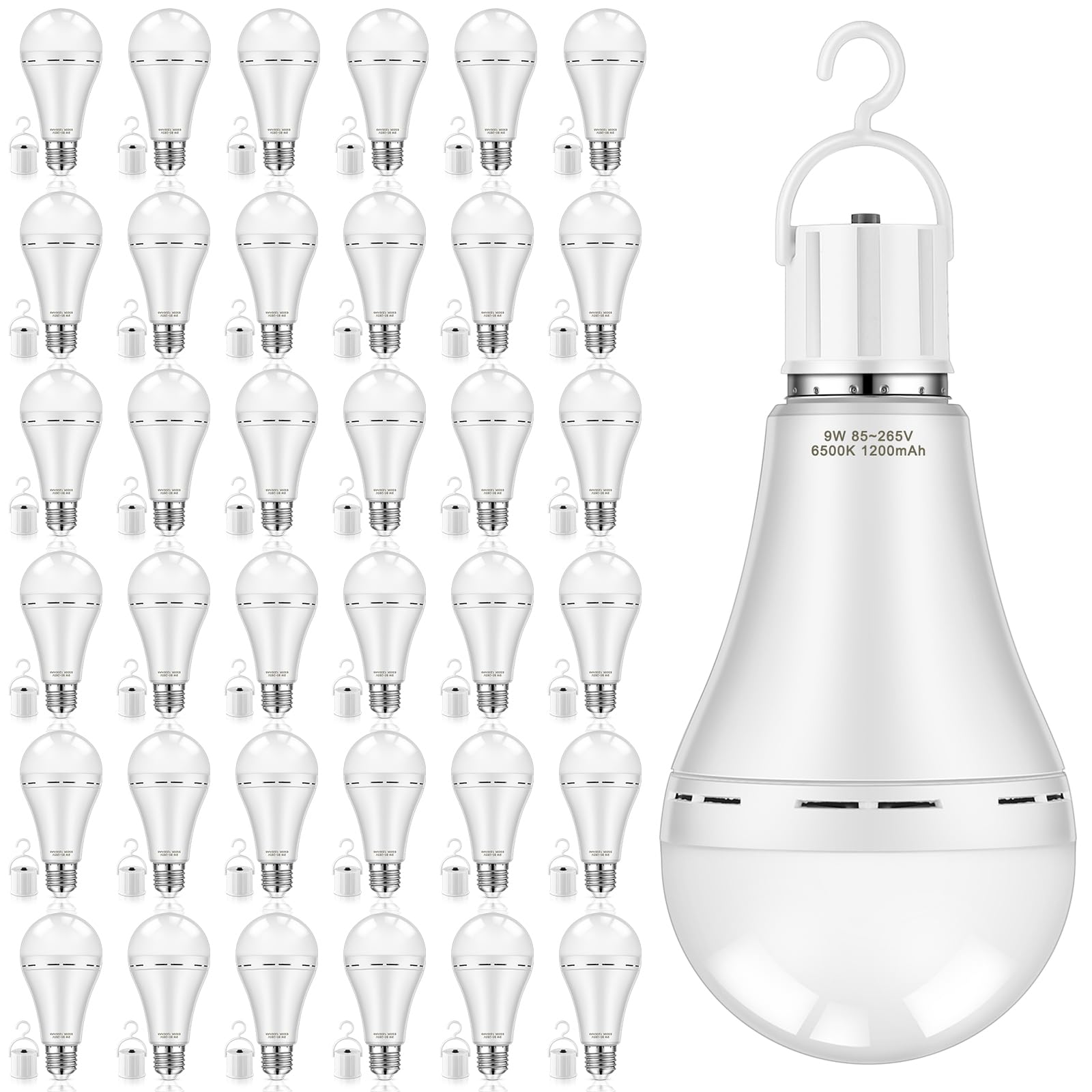 72 Pcs Rechargeable LED Emergency Light Bulbs - 9W 6500K Cool White with Switch Hooks - Self-Charging Backup Lights for Power Outage - Perfect for Camping, Reading, Home & Outdoor Activities