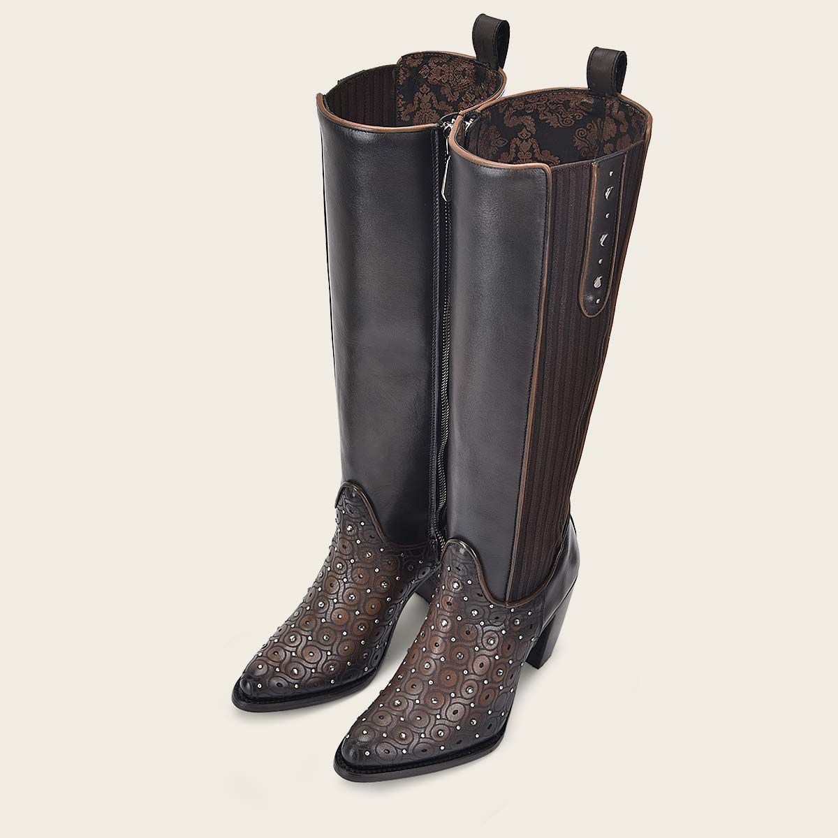 3F0BRS Women's Cuadra Chocolate Studded Tall Boots - Stylish Knee-High Leather Boots for Fall & Winter Fashion, Date Night & Office Wear