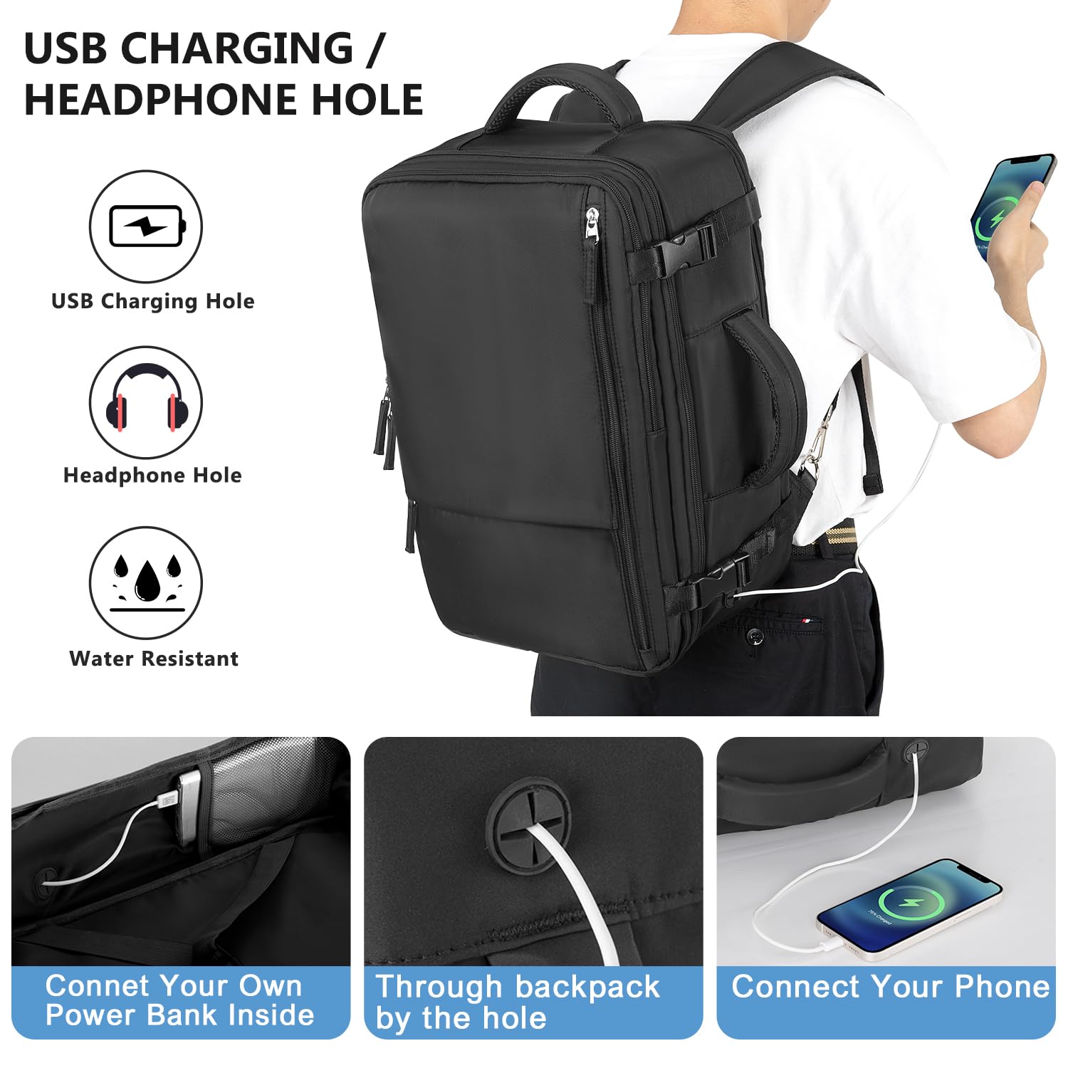 Snoffic Durable Waterproof Travel Backpack for Men & Women - Carry On Personal Item Size, College & Business Laptop Backpack - Fits 17.3 Inch Laptop - Perfect for Work, Hiking, Commuting & Daily Use - Black