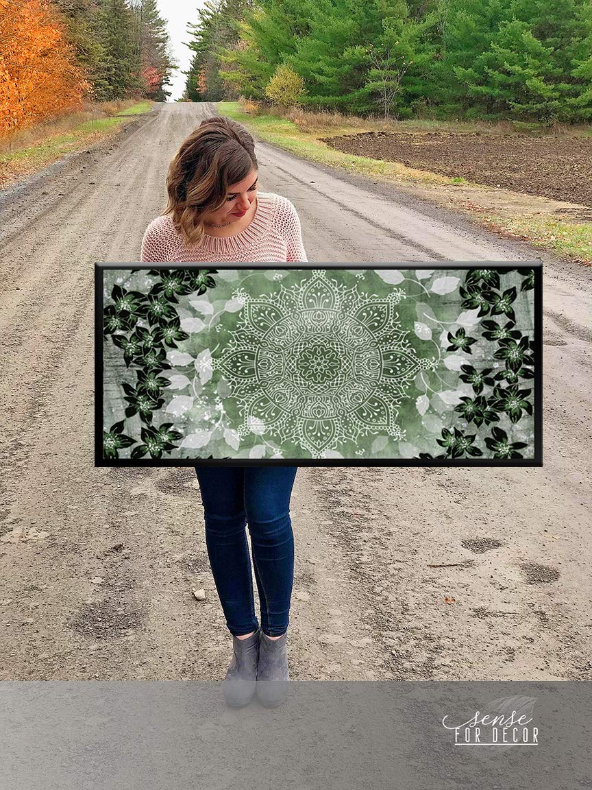 Boho Floral Mandala Wall Art - Large Canvas Wall Decor for Bedroom, Living Room | Modern Bohemian Floral Pattern Poster with Floating Frame (Green & Black, 42x19 Inches) | Perfect for Home, Office & Meditation Space Decor