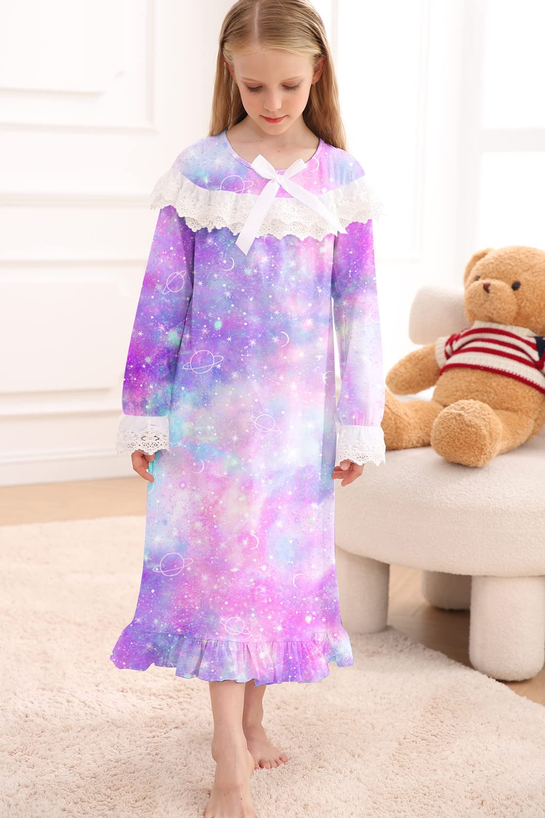 Lovekider Girls Christmas Nightgowns - Cute Lace Xmas Pajamas Dress Long Sleeve Princess Nightdress Sleep Shirts for Kids 4-12 Years | Holiday Family Photos, Christmas Morning, Sleepovers & Cozy Winter Nights