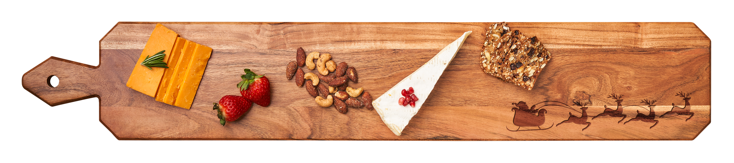 Acacia Wood Heirloom Cutting Board with Handle - Santa's Sleigh & Reindeer Design - 34x6 Inch - Perfect for Holiday Serving, Charcuterie & Kitchen Decor