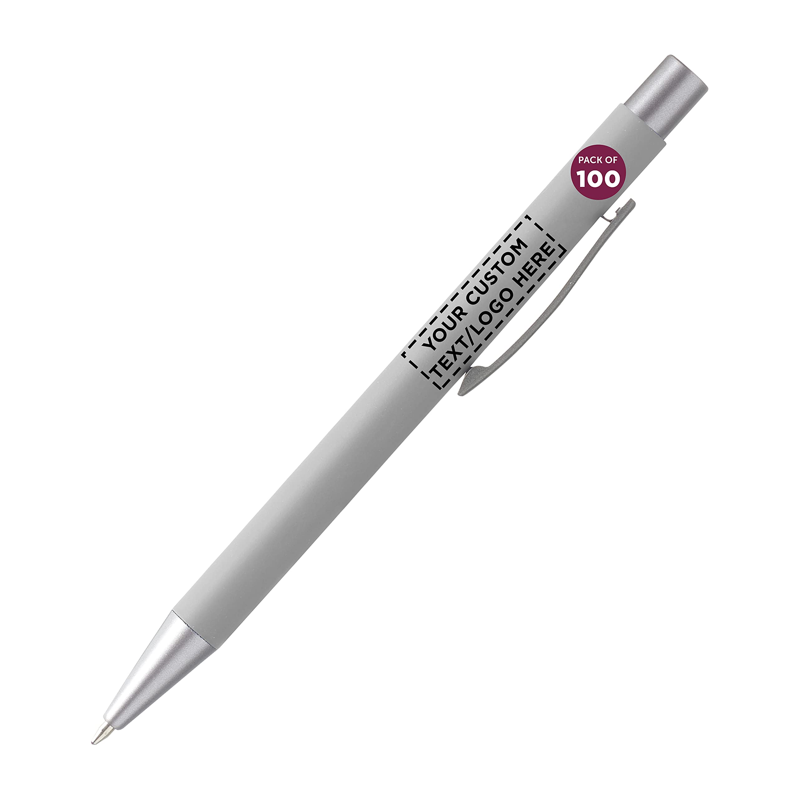 100 Pack Cordova Rubber Coated Metal Pens - Custom Text & Logo Printing - Smooth Writing Push Action Ballpoint Pens with Black Ink (Grey) - Perfect for Office, School, Corporate Gifts & Promotional Events