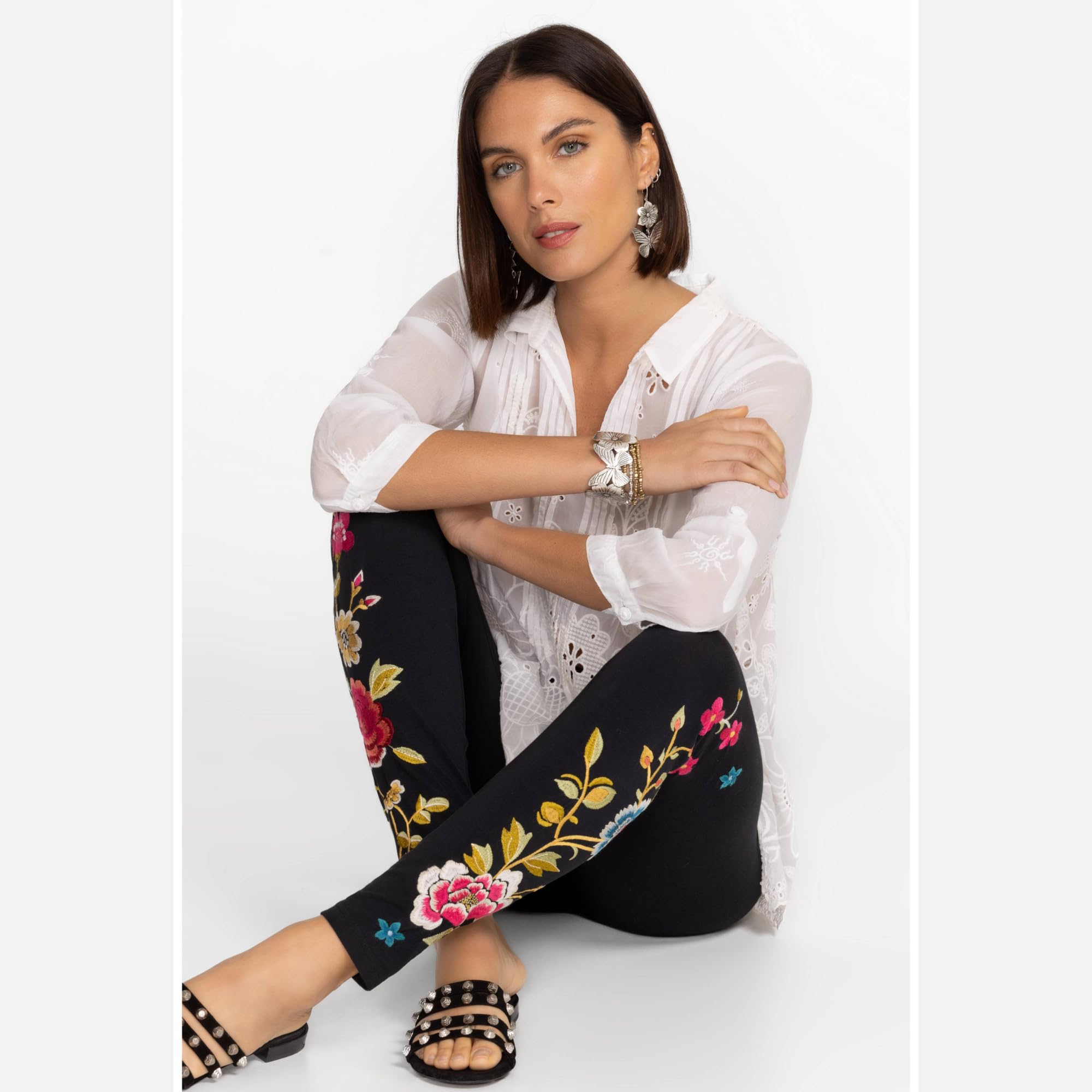 Johnny Was Celina Embroidered Cotton Leggings - Black Floral Print Women's Pants, Small | Boho Chic Yoga Pants for Women, Casual Wear & Lounge