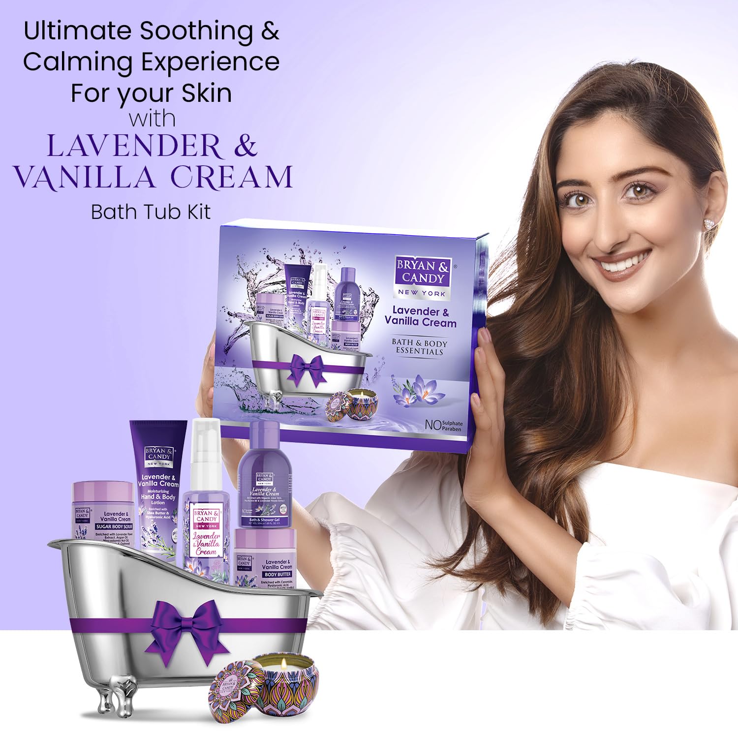 Lavender Bath Tub Gift Set for Men & Women - Complete Home Spa Kit with Shower Gel, Body Lotion, Sugar Scrub, Fragrance Mist, Body Butter & Scented Candle | Relaxing Self-Care & Romantic Gift Idea
