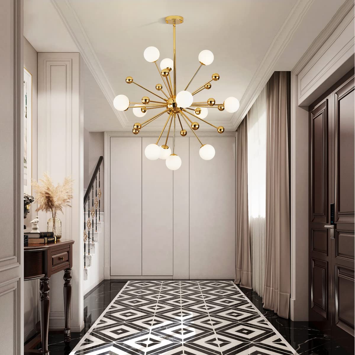 Modern Gold 12-Lights Sputnik Chandelier - Mid Century Starburst Chandelier with White Globe Glass & Brass Finish - Large Kitchen Island Pendant Lighting for Dining Room, Living Room, and Bedroom Decor
