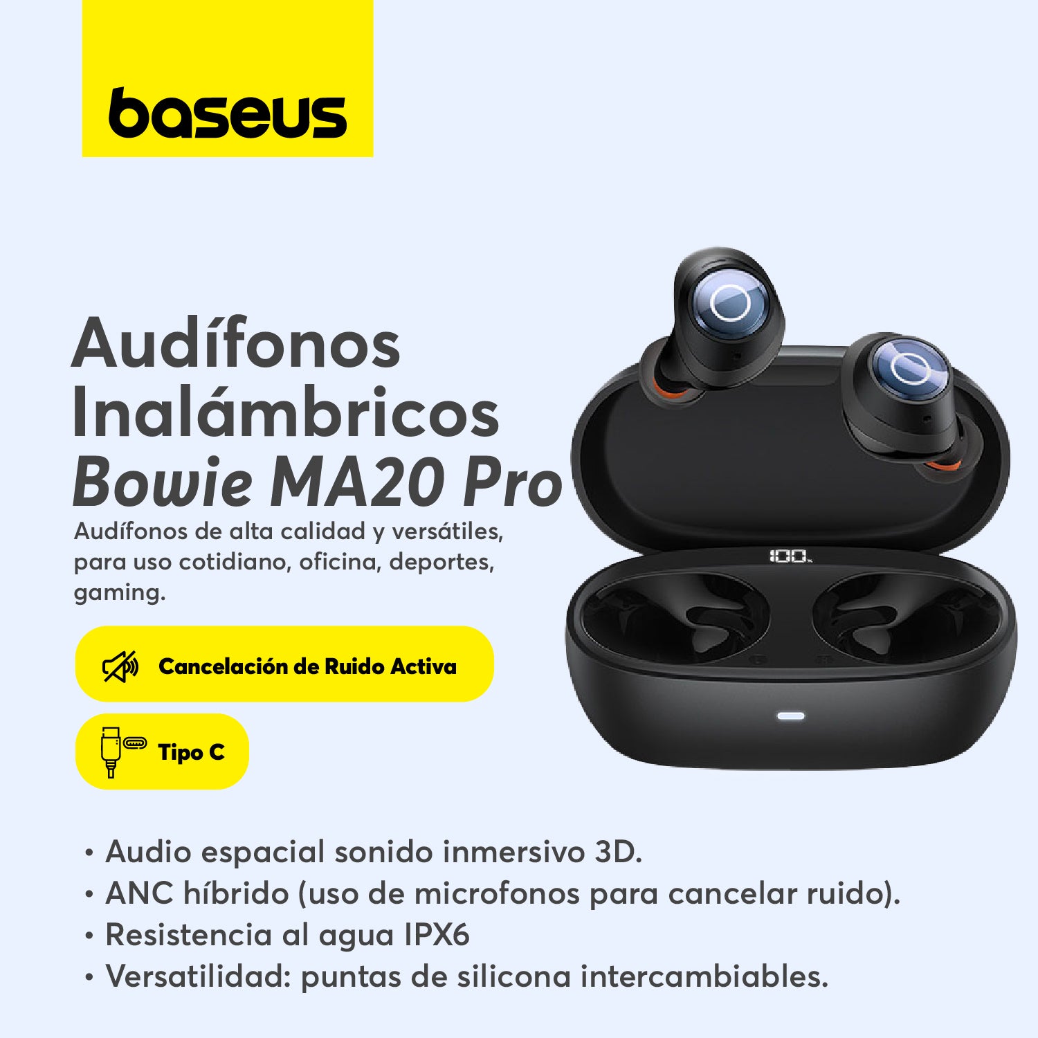 Baseus Bowie MA20 Pro Wireless Headphones with Active Noise Cancellation (ANC) - Black | Perfect for Travel, Workouts & Office Use