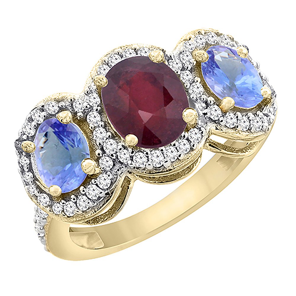 14K Yellow Gold Natural Ruby & Tanzanite 3-Stone Mothers Ring with Oval Diamond Accent - Size 5-10 - Perfect Gift for Mother's Day, Birthday & Anniversary