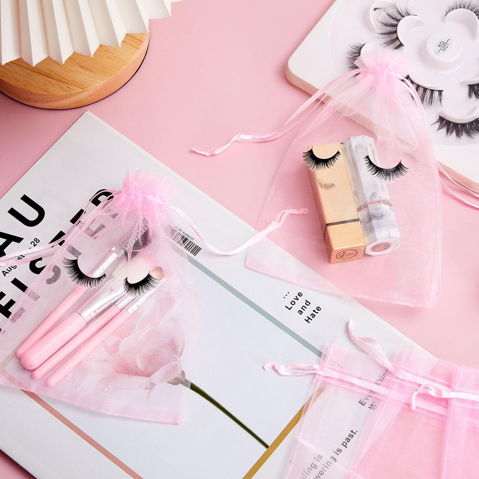100 Pcs Eyelash Extension Aftercare Bags - Pink & Black Drawstring Cosmetic Pouches (7x5 Inch) for Makeup, Jewelry & Beauty Supplies | Perfect for Lash Techs, Salons & Gift Packaging