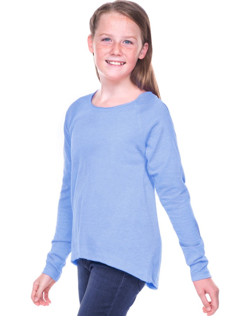 Kavio! Girls 7-16 Sheer Jersey Raw Edge Raglan High-Low Long Sleeve T-Shirt | Trendy Casual Top for School, Playdates & Everyday Wear