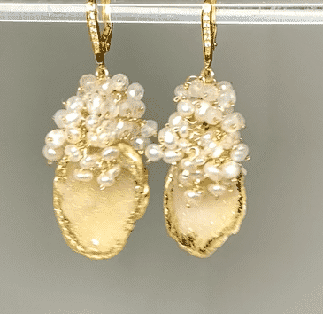24K Gold Leaf Earrings with Golden Tabasco Geode, Pearl & Mystic Crystal Clusters - Elegant Boho Jewelry for Women, Perfect for Parties, Weddings & Special Occasions