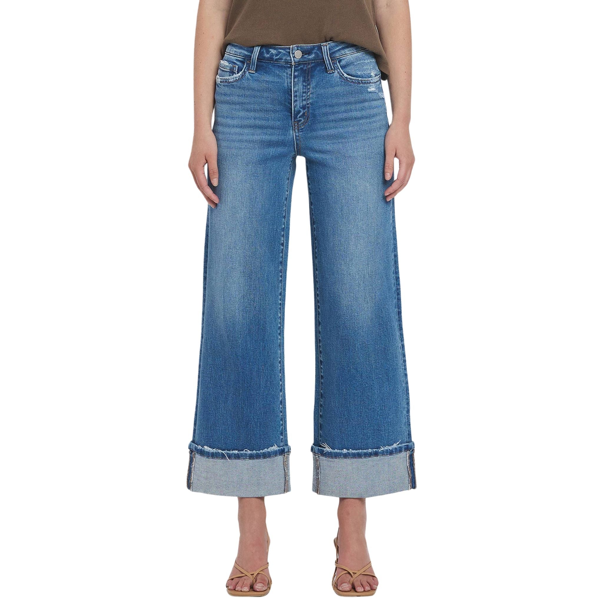 High Rise Cuffed Wide Leg Jeans for Women - Trendy Vintage Denim Pants with Comfortable Stretch - Perfect for Casual Outfits, Street Style & Everyday Wear