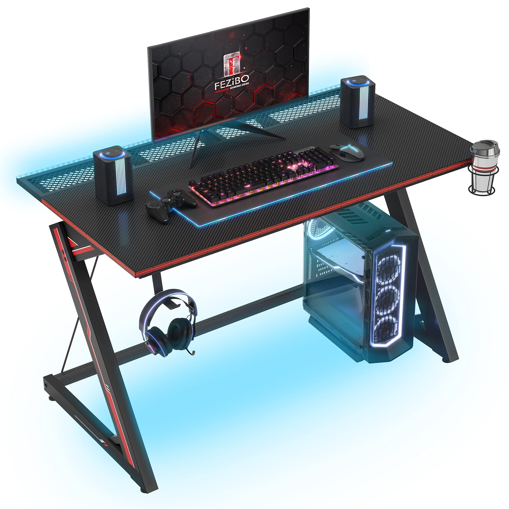 FEZIBO 40-inch LED Gaming Desk - Z-Shaped Ergonomic Computer Desk with Wire Mesh & RGB Lighting for PC Gamers | Perfect for Home Office, Streaming & Esports Setup (Black)